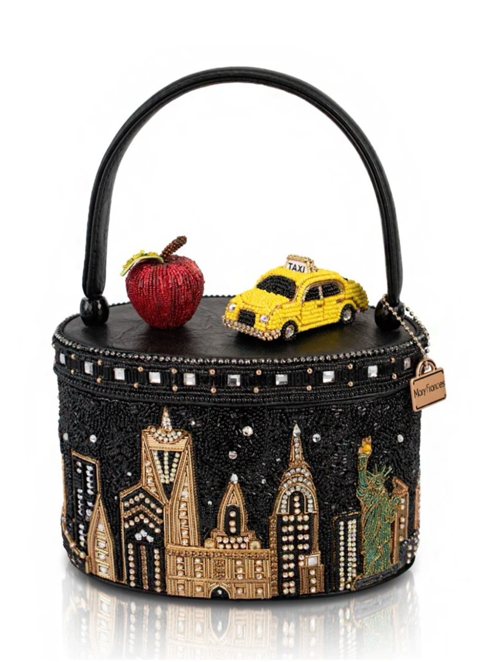 Mary Frances Black Beaded NYC Skyline Box Bag with Yellow Taxi and Red Apple